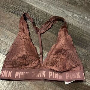VS PINK Halter T-back Lace Bralette in mauve, M